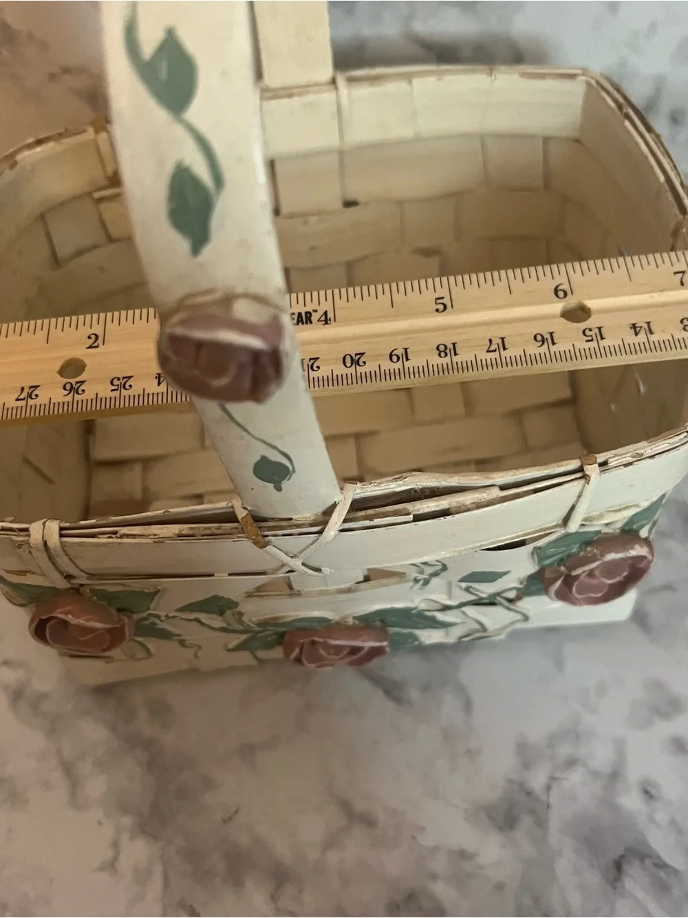 Vintage Cream Woven Basket with Pink Rose Accents
